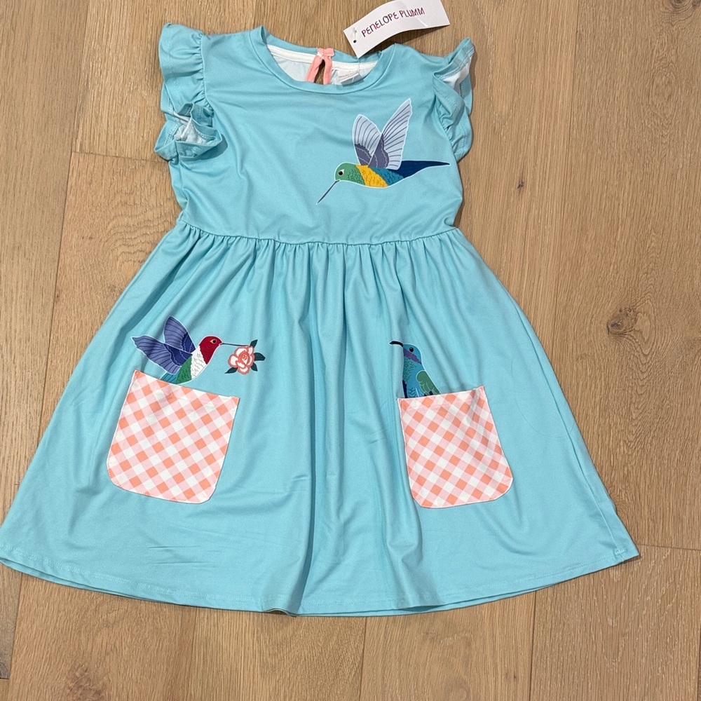 NWT Penelope Plumm Short Sleeve Aqua Girls Dress with Hummingbird Design size 6